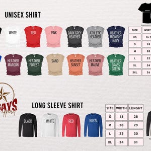 The image is a collage of various t-shirt designs, including different colors and styles, along with size and width measurements for each design.