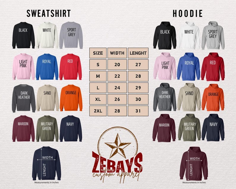 The image is a collage of various sweatshirt and hoodie designs, each with different colors and styles, along with their corresponding sizes and widths.