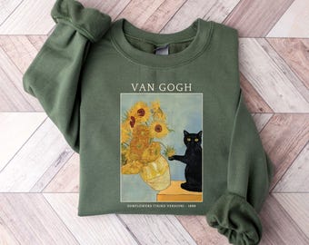 Van Gogh Cat Shirt, Funny Art Tee, Black Cat Sweatshirt, Sunflower Cat T-Shirt, Black Cat Shirt, Aesthetic Painting Hoodie