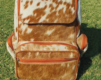 Mochila de piel de vaca tricolor hecha a mano – Bolso de viaje de cuero para pañales Mochila de cuero con pelo hecha a mano