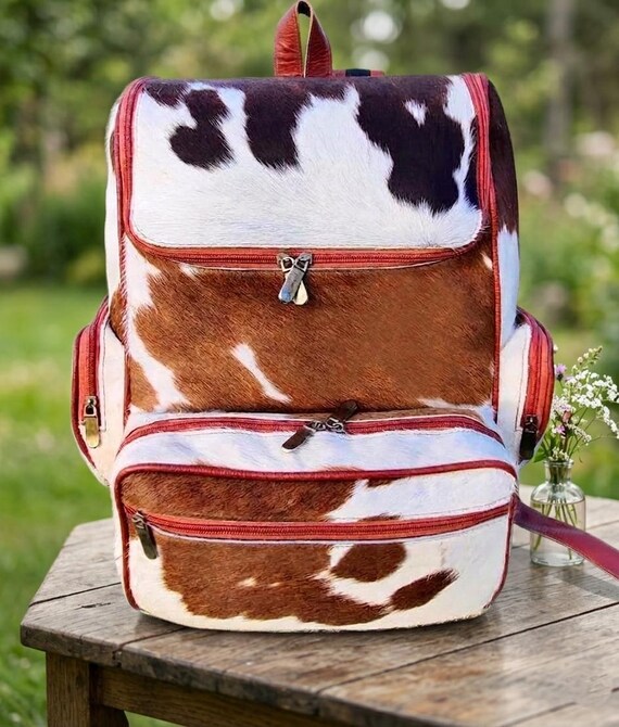 cowhide leather backpack purse Black & Concho Zipper closure Cowhide Backpack Bag - Unisex