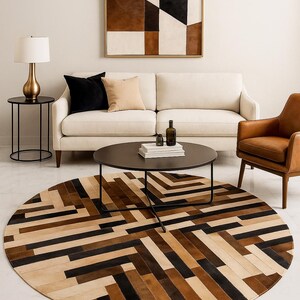Round Cowhide Patchwork Rug | Handmade Brown & White Leather Area Rug | Geometric Starburst Carpet