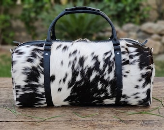 Bolsa de lona de piel de vaca hecha a mano / Bolsa de viaje de fin de semana con pelo auténtico / Bolsa de mano de 56 cm para pasar la noche / Bolsa de gimnasio de piel de vaca / Bolsa de fin de semana