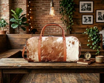 Borsa da viaggio in vera pelle bovina, borsa da weekend da viaggio in pelle con pelo, bagaglio a mano di lusso in stile western, borsa da palestra per la notte in stile boho ranch