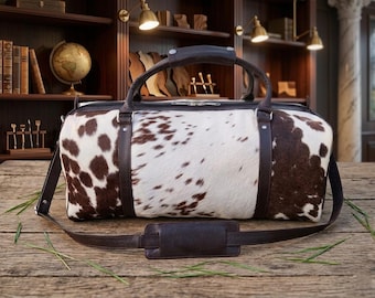 Bolsa de lona de piel de vaca hecha a mano / Bolsa de viaje de fin de semana con pelo auténtico / Bolsa de mano de 56 cm para pasar la noche / Bolsa de gimnasio de piel de vaca / Bolsa de fin de semana