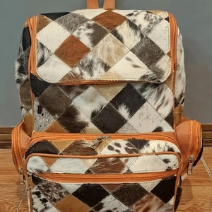 Sac à dos tricolore bringé en patchwork de vachette - sac à langer - sac à bandoulière - sac à dos western, cadeau pour maman, sac unique pour enfant