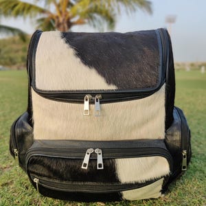 Sac à dos en cuir de vachette bringé panda noir et blanc - Sac de voyage, sac à langer, sac d'école, sac à bandoulière, sac à dos occidental, cadeau pour maman et enfant BG06