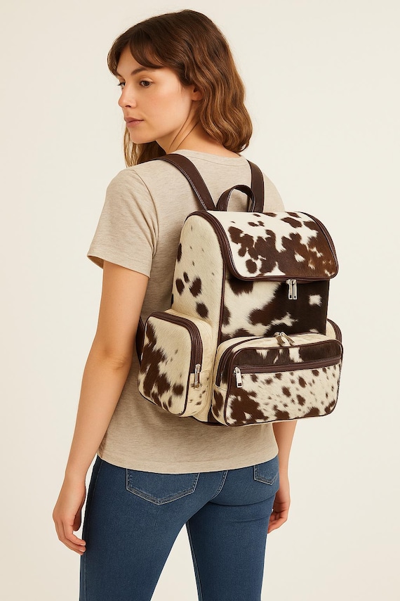 Cowhide Leather Backpack, Hairon Leather Bag, Handmade Rustic Backpack, Western Style Travel Bag, Vintage Leather Rucksack, Gift for Her
