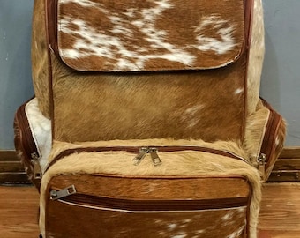Rundleer rugzak voor dames heren, rugzak westerse koeprint, handgemaakte reislaptoptas, Hair-on-Hide schoolrugzak cadeau