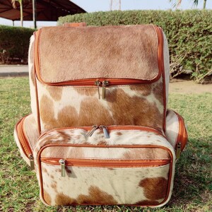 Sac à dos en cuir de vachette véritable marron naturel et blanc, sac de voyage, sac à couches, sac d'école, sac à bandoulière, sac à dos western, cadeau pour maman et enfant BG05