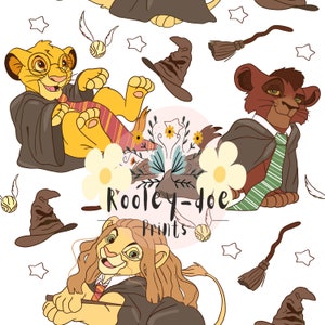 May include: A seamless pattern featuring cartoon lion cubs dressed as Harry Potter characters. The pattern includes a variety of magical objects, such as a broom, a sorting hat, and a golden snitch. The background is white with stars and flowers.