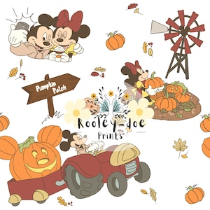 以下が含まれることがあります： 秋をテーマにしたミッキーとミニーマウスの気まぐれなイラスト。ミッキーはミニーと自撮りをする。カボチャ、トラクター、風車、そして「パンプキンパッチ」の看板も存在します。デザインは白い背景です。