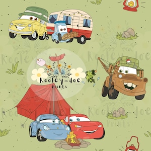 May include: A cartoon illustration featuring various cars in a camping theme. The image includes a yellow car with a green hat, a red and white camper, a blue car carrying logs, a brown car fishing, a red tent, a campfire, and a blue and red car.