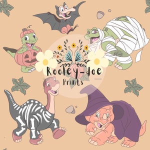 May include: A set of five Halloween-themed dinosaur illustrations. The dinosaurs are dressed up as a mummy, a witch, a skeleton, a pumpkin, and a bat. The illustrations are in a cartoon style and are set against a light brown background. The text "Rooley-doe Prints" is in the center of the image.