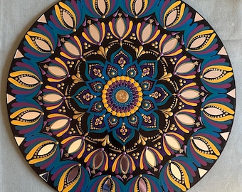 Hand-Painted Mandala: Round Wood Wall Art with Mirror Accents