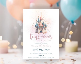 May include: A pink and blue castle illustration with gold stars on a light pink background. The text "four-ever a princess" is written in pink script. The text "Please join us to celebrate Emma's 4th Birthday" is written in black. The text "SAT 25 OCT" is written in black. The text "AT THE PRINCESS PLAYCENTRE AT 11AM" is written in black. The text "RSVP BY THE 11 OCTOBER TO RACHEL 0412 345 678" is written in black.