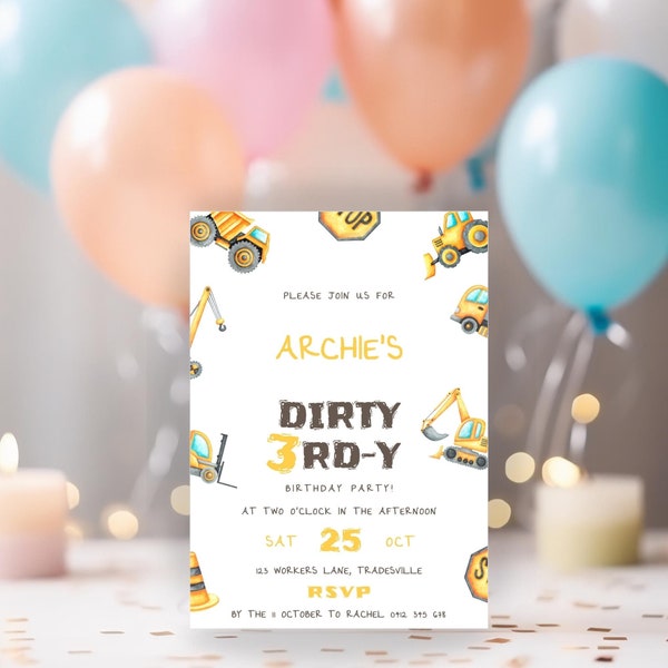 Invitation pour 3e anniversaire de Dirty Thirdy Digger, construction aquarelle, modèle imprimable et modifiable à personnaliser, téléchargement immédiat. Essayez GRATUITEMENT [GG01]