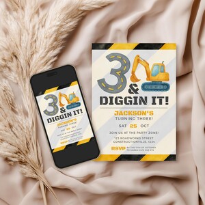 May include: A birthday party invitation with a construction theme. The design features a large number "3" made to look like a road, a yellow excavator, and the text "Diggin' It!" The invitation is on a smartphone and a printed card.