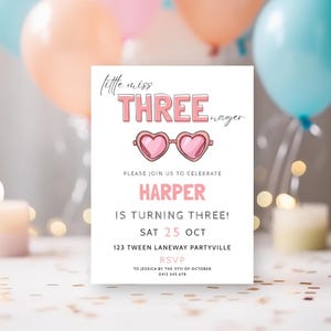 Little Miss Threenager 3rd Birthday Party Invite, Pink Sunglasses, Customize Printable, Editable Template, Instant Download. Try FREE [II02]