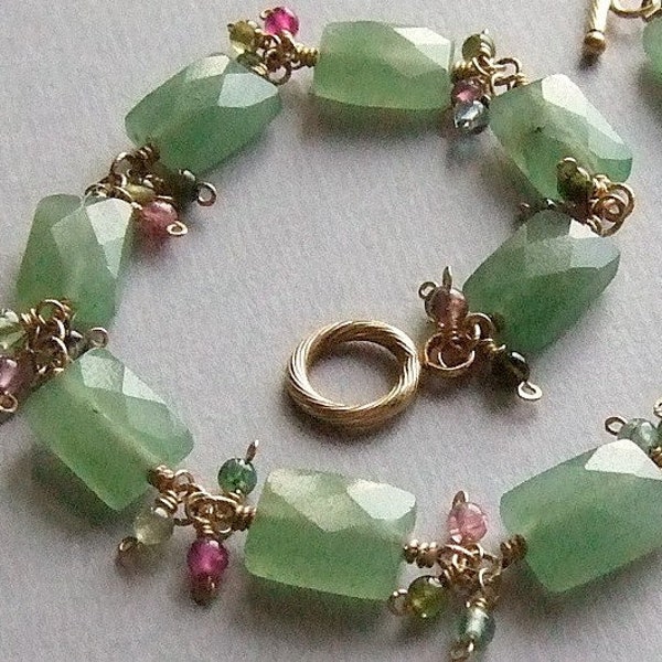 Soft Green Aventurine Bracelet in Gold with Pink, Green Tourmalines, Green Bracelet, Wire Wrapped Gemstone Bracelet