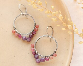 Iris Hoop Earrings, Elevated Colorful Hoop Earrings, Unique Pink & Purple Hoop Earrings, Silver Gemstone Earrings, Bohemian Earrings