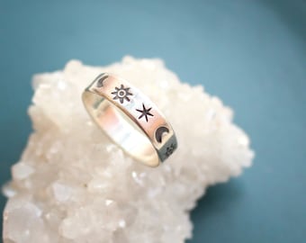 Celestial Stamped Silver Band Ring