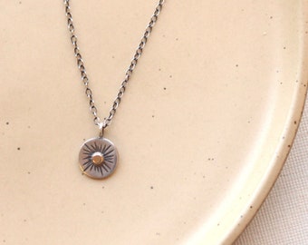 Rustic Gold & Stamped Sterling Silver Sun Small Pendant Necklace, Sunburst Necklace, Layering Necklace