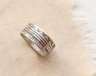 Rustic Tribal Stamped Silver Band Ring, Sterling Silver Wide Band Ring, Unisex Stacking Ring