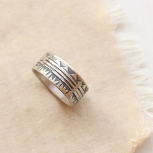 Rustic Tribal Stamped Silver Band Ring, Sterling Silver Wide Band Ring, Unisex Stacking Ring, Unique Southwest Band Ring, Western Style