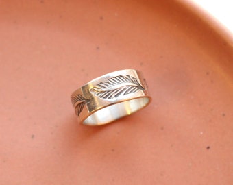 Feather Stamped Silver Band Ring, Southwest Wide Band Ring, Bohemian Ring