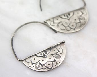 Stamped Mandala Blade Style Hoop Earrings Oxidized Silver
