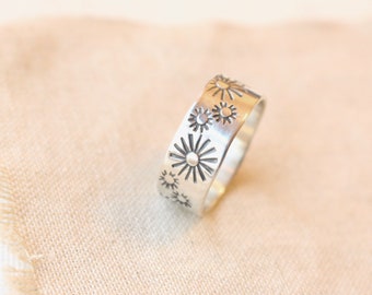 Many Suns Stamped Silver Wide Band Ring, Sunburst Wide Band Ring, Southwest Sun Ring