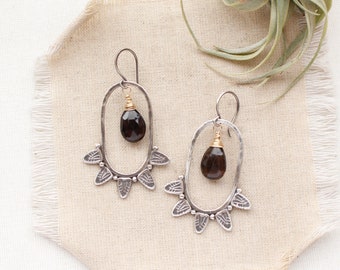 Feathered Hoop & Smoky Quartz Earrings, Bohemian Statement Hoop Earrings, Mixed Metal Southwest Earrings