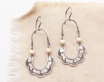 Columbine Riverstone Hoop Earrings, Bohemian Silver Statement Earrings, Unique Big Earrings, Neutral Statement Earrings, Southwest Style