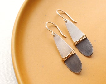 Dipped Silver Teardrop with Gold Wire Wrap Earrings, Modern Mixed Metal Earrings, Silver Teardrop Earrings, Lightweight Earrings