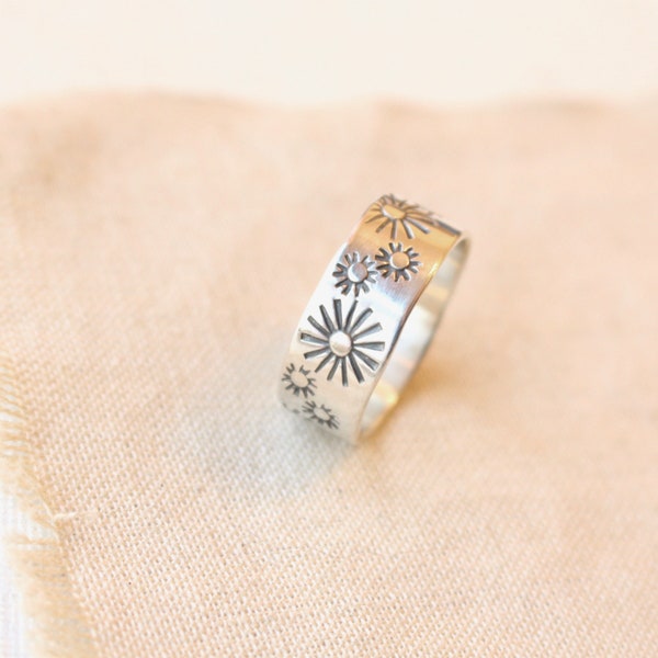 Many Suns Stamped Silver Wide Band Ring, Sunburst Wide Band Ring, Southwest Sun Ring