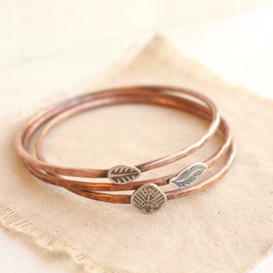 Hammered Copper Bangles with Stamped Silver Elements, Stacked Copper Bangles, Mixed Metal Bangles, Rustic Copper Bracelets image 6