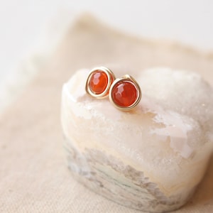 Wrapped Carnelian Gold Post Earrings, Carnelian Stud Earrings, Stone Posts image 1