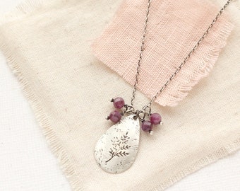 Sprout Teardrop & Purple Ruby Cluster Necklace, Unique Leaf Necklace, Garland, Charm Necklace, Colorful Layering Necklace, Rustic Jewelry