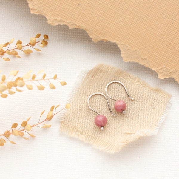 Rhodonite Lobe Hugger Earrings, Dainty Pink Earrings, Barbie Earrings, Modest Stone Earrings, Colorful Sterling Silver Earrings