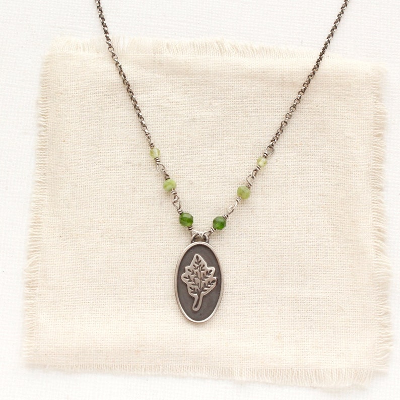 Layered Sprout Jade Necklace, Earthy Sterling Silver Layering Necklace, Stamped Leaves, Green Gemstone Necklace, Handmade Silver Necklace image 2