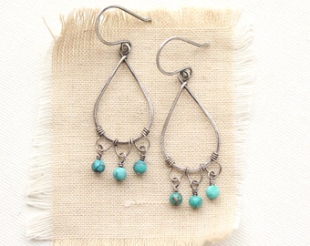 Sterling Silver Teardrop Turquoise Dangle Chandelier Oxidized Silver Earrings, Teardrop Hoop Earrings, Turquoise Earrings