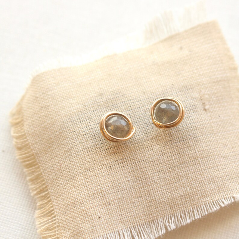 Wrapped Labradorite Gold Post Earrings, Gold Filled Wrapped Stone Studs, Genuine Labradorite Everyday Gold Post Earrings, Gifts For Her image 3
