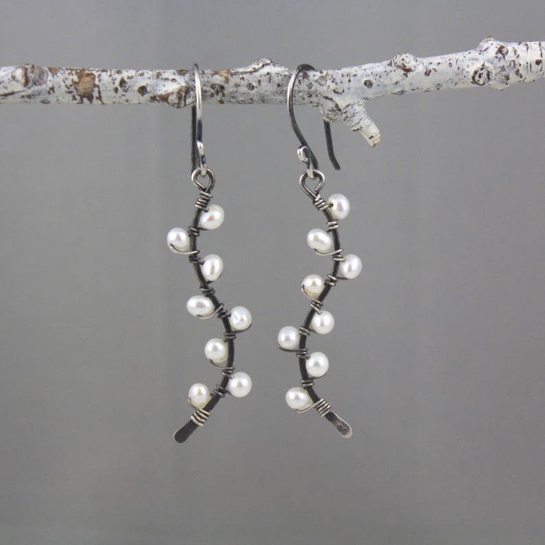 Little White Pearl Oxidized Silver Vine Earrings | Etsy