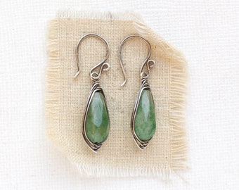 Wrapped Green Chalcedony Earrings, Green Teardrop Earrings, Giftable Christmas Earrings, Green Jewelry, Rustic Earrings, Holiday Style