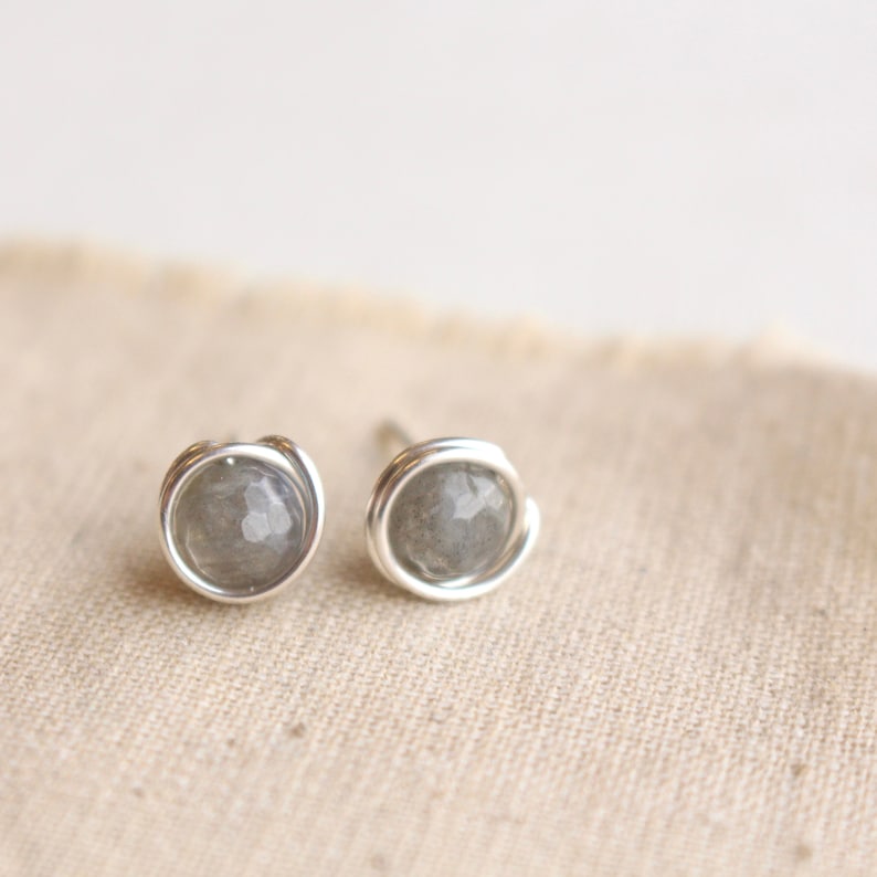 Wrapped Labradorite Post Earrings, Sterling Silver Wrapped Genuine Labradorite Post Earrings, Neutral Stud Earrings, Silver Stud Earrings image 1