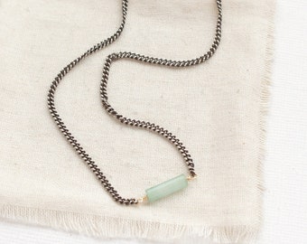 Sydney Green Aventurine Necklace, Edgy Mixed Metal Curb Chain, Layering Necklace, Green Gemstone, Mixed Metal Jewelry, Handmade