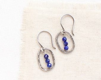 Stacked Lapis Mini Hoop Earrings, Forged Sterling Silver Mini Hoop Earrings, Lightweight Hoop Earrings, Rustic Hoop Earrings, Lapis Lazuli