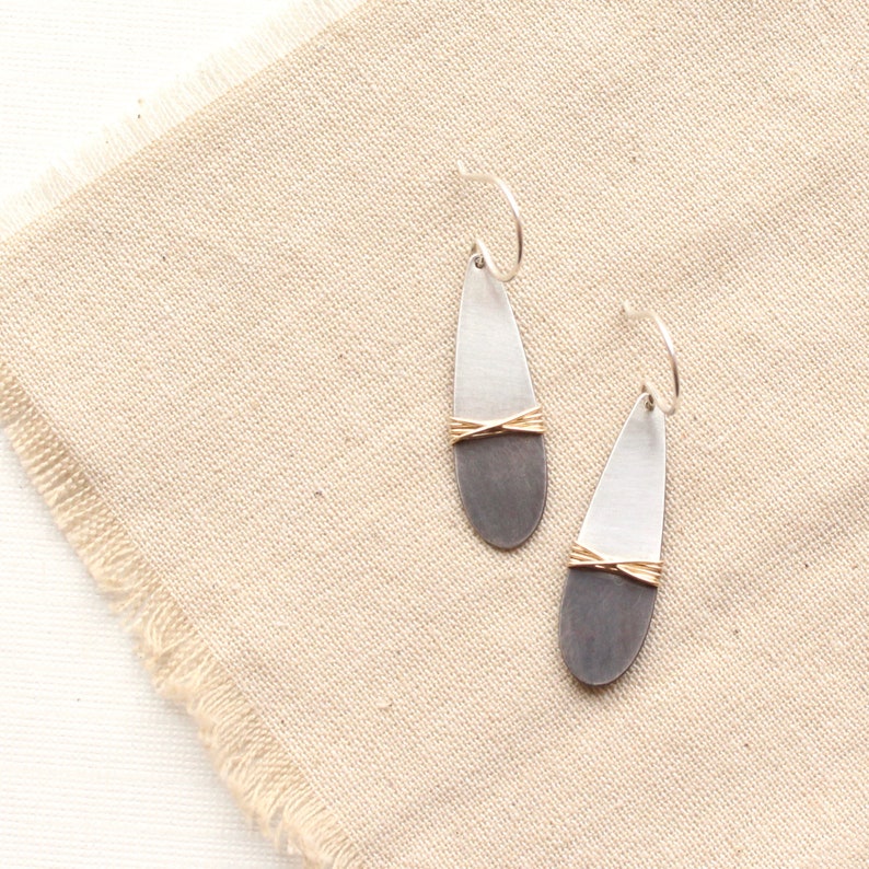 Dipped Silver Teardrop with Gold Wire Wrap Earrings, Modern Mixed Metal Earrings, Silver Teardrop Earrings, Lightweight Earrings image 2