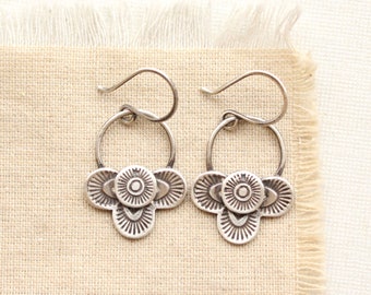 Layered Talara Loop Earrings, Sterling Silver Tribal Stamped Hoop Earrings, Southwest Statement Earrings